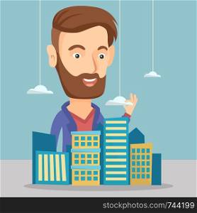 Young caucasian sales manager presenting a model of city. Hipster delighted sales manager working with a project of a new modern district of the city. Vector flat design illustration. Square layout.. Sales manager presenting city model.