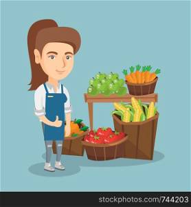 Young caucasian saleswoman giving thumb up while standing on the background of stall with vegetables and fruit. Saleswoman selling fruit and vegetables. Vector cartoon illustration. Square layout.. Young caucasian saleswoman giving thumb up.