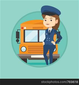 Young caucasian school driver standing in front of yellow bus. Smiling school bus driver in uniform. Cheerful school bus driver. Vector flat design illustration in the circle isolated on background.. School bus driver vector illustration.
