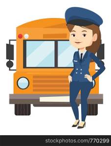Young caucasian school driver standing in front of yellow bus. Female school bus driver in uniform. Cheerful female school bus driver. Vector flat design illustration isolated on white background.. School bus driver vector illustration.