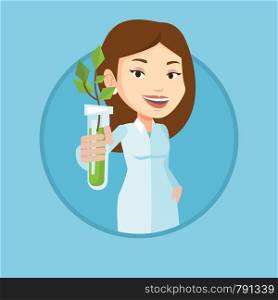 Young caucasian scientist analyzing young sprout in test tube. Laboratory assistant in medical gown holding test tube with sprout. Vector flat design illustration in the circle isolated on background.. Scientist with test tube vector illustration.