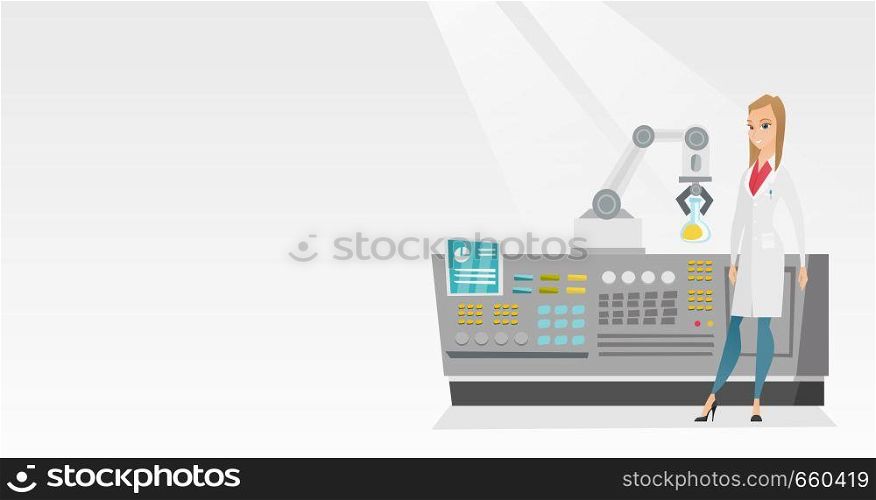 Young caucasian scientist and robotic arm conducting experiments in a modern laboratory. Robotic arm working in the laboratory with the test tube. Vector cartoon illustration. Horizontal layout.. Scientist and robotic arm conducting experiments.