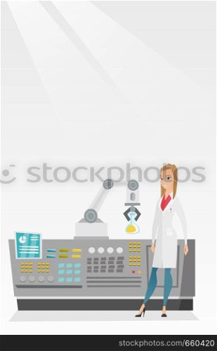 Young caucasian scientist and robotic arm conducting experiments in a modern laboratory. Robotic arm working in the laboratory with the test tube. Vector cartoon illustration. Vertical layout.. Scientist and robotic arm conducting experiments.