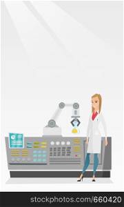Young caucasian scientist and robotic arm conducting experiments in a modern laboratory. Robotic arm working in the laboratory with the test tube. Vector cartoon illustration. Vertical layout.. Scientist and robotic arm conducting experiments.
