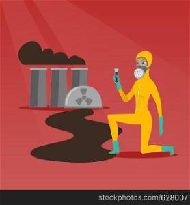 Young caucasian scientist in gas mask and radiation protective suit holding a test-tube with black liquid on the background of nuclear power plant. Vector flat design illustration. Square layout.. Laboratory assistant with test tube.