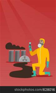 Young caucasian scientist in gas mask and radiation protective suit holding a test-tube with black liquid on the background of nuclear power plant. Vector flat design illustration. Vertical layout.. Man in gas mask and radiation protective suit.