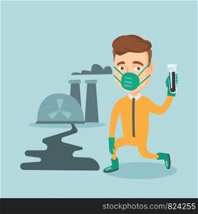 Young caucasian scientist in gas mask and radiation protective suit holding a test-tube with black liquid on the background of nuclear power plant. Vector flat design illustration. Square layout.. Laboratory assistant with test tube.