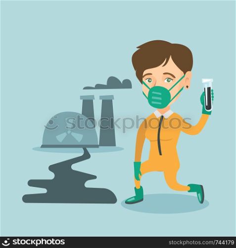 Young caucasian scientist in gas mask and yellow protective suit holding a test-tube with black liquid on the background of nuclear power plant. Vector cartoon illustration. Square layout.. Young caucasian scientist holding a test tube.