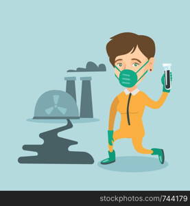Young caucasian scientist in gas mask and yellow protective suit holding a test-tube with black liquid on the background of nuclear power plant. Vector cartoon illustration. Square layout.. Young caucasian scientist holding a test tube.
