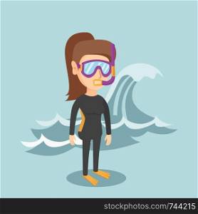 Young caucasian scuba diver in diving suit, flippers, mask and tube standing on the background of a big wave. Full length of female scuba diver. Vector cartoon illustration. Square layout.. Young caucasian scuba diver in diving suit.