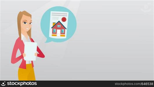 Young caucasian smiling business woman reading real estate advertisement. Cheerful business woman searching house in real estate market. Vector flat design illustration. Horizontal layout.. Woman reading real estate advertisement.