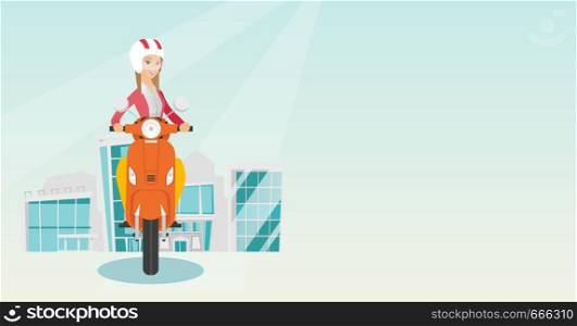 Young caucasian smiling business woman riding a scooter on a city background. Cheerful woman in helmet driving a scooter in the city street. Vector cartoon illustration. Horizontal layout.. Young caucasian woman riding a scooter.