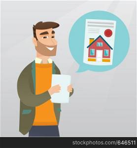 Young caucasian smiling businessman reading real estate advertisement. Cheerful hipster businessman with beard searching house in real estate market. Vector flat design illustration. Square layout.. Man reading real estate advertisement.