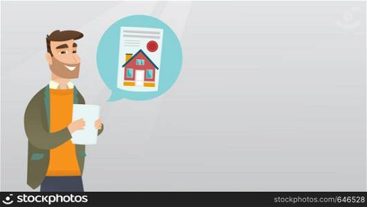 Young caucasian smiling businessman reading real estate advertisement. Cheerful hipster businessman with beard searching house in real estate market. Vector flat design illustration. Horizontal layout. Man reading real estate advertisement.