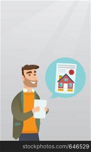 Young caucasian smiling businessman reading real estate advertisement. Cheerful hipster businessman with beard searching house in real estate market. Vector flat design illustration. Vertical layout.. Man reading real estate advertisement.