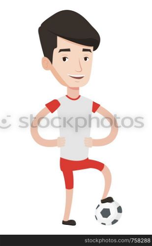 Young caucasian smiling male football player standing with football ball. Happy professional football player posing with football player. Vector flat design illustration isolated on white background.. Football player with ball vector illustration.