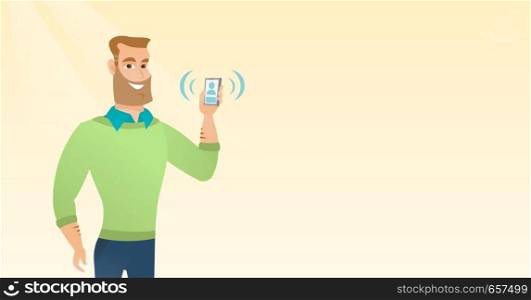 Young caucasian smiling man holding ringing mobile phone. Happy man answering a phone call. Hipster man with beard showing a ringing phone in hand. Vector cartoon illustration. Horizontal layout.. Young caucasian man holding ringing mobile phone.