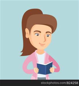 Young caucasian smiling student reading a book. Female student reading a book and preparing for exam. Woman holding a book in hands. Concept of education. Vector cartoon illustration. Square layout.. Young caucasian student reading a book.