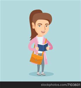 Young caucasian smiling student reading a book. Full length of cheerful female student with briefcase holding a book in hands. Concept of education. Vector cartoon illustration. Square layout.. Young caucasian student reading a book.