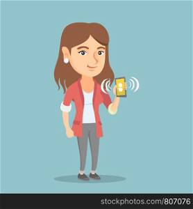 Young caucasian smiling woman holding a ringing mobile phone. Full length of woman showing a ringing phone in hand. Happy woman answering a phone call. Vector cartoon illustration. Square layout.. Young caucasian woman holding ringing mobile phone