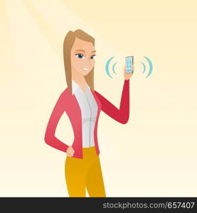 Young caucasian smiling woman holding ringing mobile phone. Happy woman answering a phone call. Woman showing a ringing phone in hand. Vector cartoon illustration. Square layout.. Young caucasian woman holding ringing mobile phone