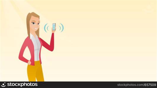 Young caucasian smiling woman holding ringing mobile phone. Happy woman answering a phone call. Woman showing a ringing phone in hand. Vector cartoon illustration. Horizontal layout.. Young caucasian woman holding ringing mobile phone