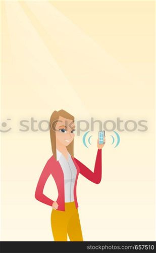 Young caucasian smiling woman holding ringing mobile phone. Happy woman answering a phone call. Woman showing a ringing phone in hand. Vector cartoon illustration. Vertical layout.. Young caucasian woman holding ringing mobile phone