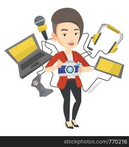 Young caucasian smiling woman surrounded with many gadgets. Woman using many electronic gadgets. Woman addicted to modern gadgets. Vector flat design illustration isolated on white background.. Young woman surrounded with her gadgets.