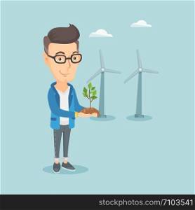 Young caucasian smiling worker of wind farm. Man holding in hands green small plant in soil on the background of wind turbines. Green energy concept. Vector flat design illustration. Square layout.. Man holding small plant vector illustration.