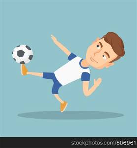 Young caucasian soccer player kicking a ball during game. Soccer player juggling with a ball. Sportsman playing soccer. Sport and leisure concept. Vector flat design illustration. Square layout.. Soccer player kicking a ball vector illustration.