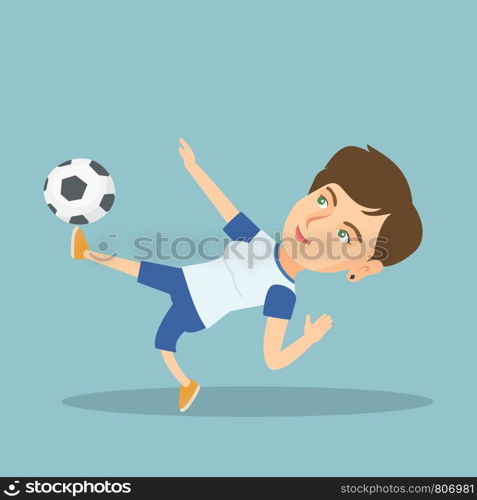 Young caucasian soccer player kicking a ball during game. Sportswoman playing soccer. Sport and leisure concept. Vector cartoon illustration. Square layout.. Young caucasian soccer player kicking a ball.