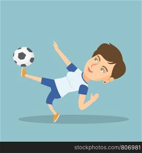 Young caucasian soccer player kicking a ball during game. Sportswoman playing soccer. Sport and leisure concept. Vector cartoon illustration. Square layout.. Young caucasian soccer player kicking a ball.