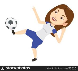 Young caucasian soccer player kicking ball during game. Happy female soccer player juggling with a ball. Soccer player playing with ball. Vector flat design illustration isolated on white background.. Soccer player kicking ball vector illustration.