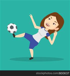 Young caucasian soccer player kicking ball during game. Happy female soccer player juggling with a ball. Football player playing with soccer ball. Vector flat design illustration. Square layout.. Soccer player kicking ball vector illustration.