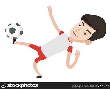 Young caucasian soccer player kicking ball during game. Male soccer player juggling with a ball. Football player playing with soccer ball. Vector flat design illustration isolated on white background.. Soccer player kicking ball vector illustration.