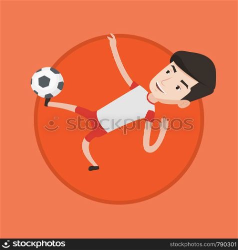 Young caucasian soccer player kicking ball during game. Smiling man juggling with a ball. Soccer player playing with soccer ball. Vector flat design illustration in the circle isolated on background. Soccer player kicking ball vector illustration.