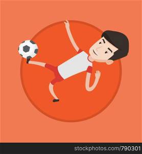 Young caucasian soccer player kicking ball during game. Smiling man juggling with a ball. Soccer player playing with soccer ball. Vector flat design illustration in the circle isolated on background. Soccer player kicking ball vector illustration.