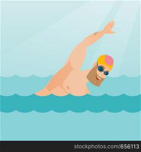 Young caucasian sportsman in a cap and glasses swimming in the pool. Professional hipster sportsman swimming the front crawl. Sport and leisure concept. Vector flat design illustration. Square layout.. Young caucasian sportsman swimming.