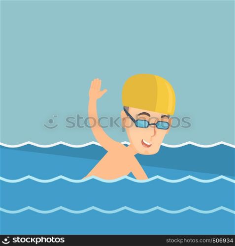 Young caucasian sportsman in a cap and glasses swimming in the pool. Professional sportsman swimming the front crawl. Sport and leisure concept. Vector flat design illustration. Square layout.. Man swimming vector illustration.