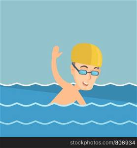 Young caucasian sportsman in a cap and glasses swimming in the pool. Professional sportsman swimming the front crawl. Sport and leisure concept. Vector flat design illustration. Square layout.. Man swimming vector illustration.