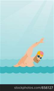 Young caucasian sportsman in cap and glasses swimming in the pool. Professional hipster sportsman swimming the front crawl. Sport and leisure concept. Vector flat design illustration. Vertical layout.. Young caucasian sportsman swimming.