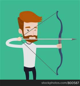 Young caucasian sportsman practicing in archery. A hipster man with the beard training with the bow. Archery player aiming with a bow in hands. Vector flat design illustration. Square layout.. Archer training with the bow vector illustration.
