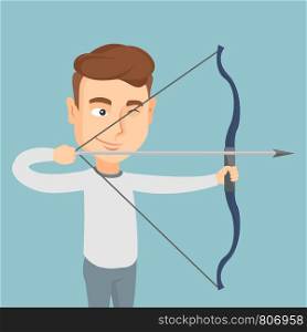 Young caucasian sportsman practicing in archery. Concentrated archery player aiming with a bow and an arrow. Sport and leisure concept. Vector flat design illustration. Square layout.. Archer training with a bow vector illustration.