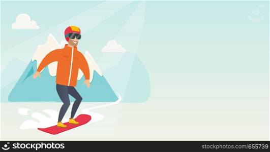 Young caucasian sportsman snowboarding on the background of snow capped mountains. Hipster snowboarder snowboarding on the piste in the mountains. Vector flat design illustration. Horizontal layout.. Young caucasian man snowboarding.