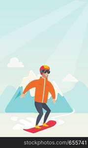 Young caucasian sportsman snowboarding on the background of snow capped mountains. Hipster snowboarder snowboarding on the piste in the mountains. Vector flat design illustration. Vertical layout.. Young caucasian man snowboarding.