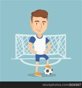 Young caucasian sportsman standing with a football ball on the background of football gate. Football player standing with a soccer ball on the field. Vector flat design illustration. Square layout.. Football player with a ball vector illustration.