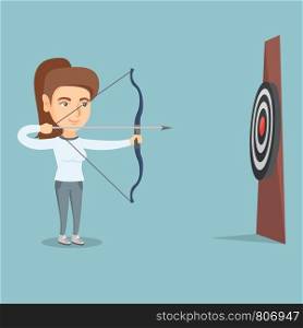 Young caucasian sportswoman aiming with a bow and arrow at the target. Concentrated sportswoman shooting an arrow during an archery competition. Vector cartoon illustration. Square layout.. Sportswoman aiming with a bow and arrow at target.