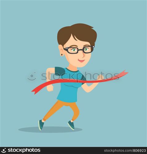 Young caucasian sportswoman crossing the finish line. Cheerful smiling sportswoman breaking the finish line and winning a marathon. Winning concept. Vector cartoon illustration. Square layout.. Young caucasian sportswoman crossing finish line.