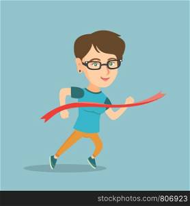 Young caucasian sportswoman crossing the finish line. Cheerful smiling sportswoman breaking the finish line and winning a marathon. Winning concept. Vector cartoon illustration. Square layout.. Young caucasian sportswoman crossing finish line.