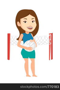 Young caucasian sportswoman holding volleyball ball in hands. Female beach volleyball player standing on the background of volleyball net. Vector flat design illustration isolated on white background.. Beach volleyball player vector illustration.